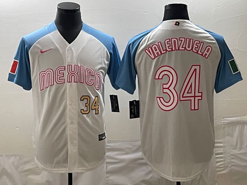 Men 2023 World Cub Mexico #34 Valenzuela White blue Nike MLB Jersey2